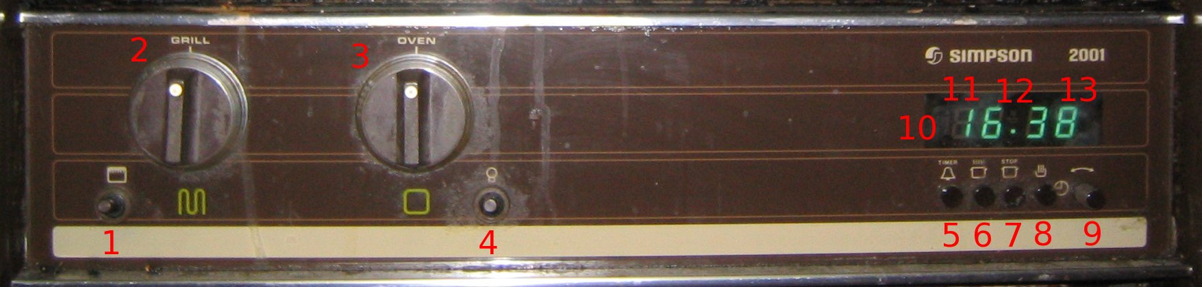 Annotated image of the controls of a Simpson 2001 oven